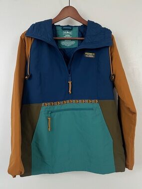 L.L. Bean Navy Half-Zip Pullover Aztec Jacket with Teal, Quilted Lining & Hood